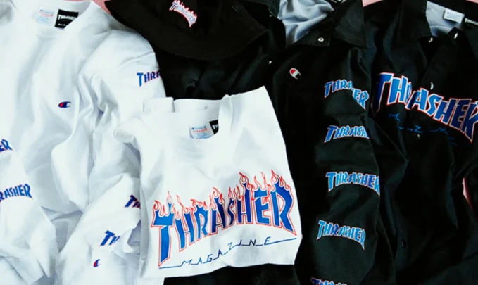 multiple black and white Thrasher t-shirts