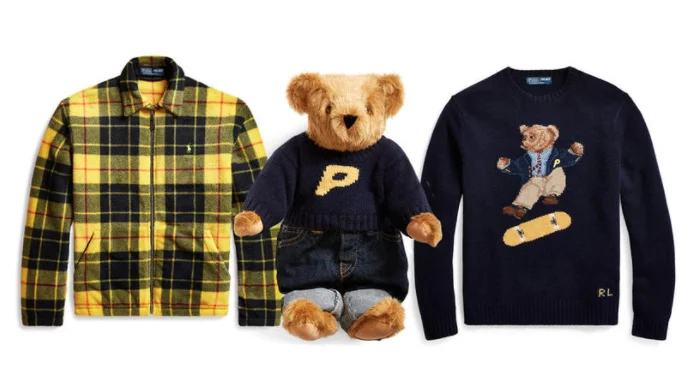 a flannel, sweater, and teddy bear from the Palace Ralph lauren collaboration
